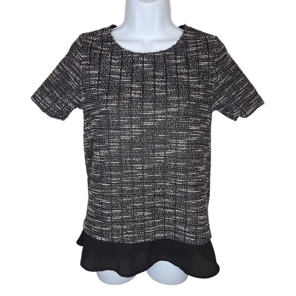 EMELIA Black White Tweed Knit Mixed Media Top Chiffon Layered Hem Size XS